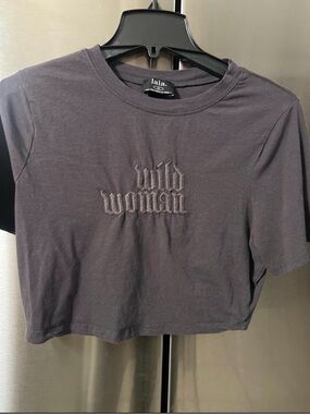 Dressed in LALA Wild Woman Embroidered Crop Tee in Charcoal - XL